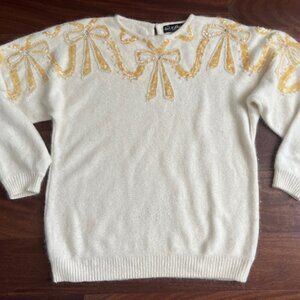 Vintage Work In Progress Sweater Women Ivory Beaded Silk Angora Lambswool Size L